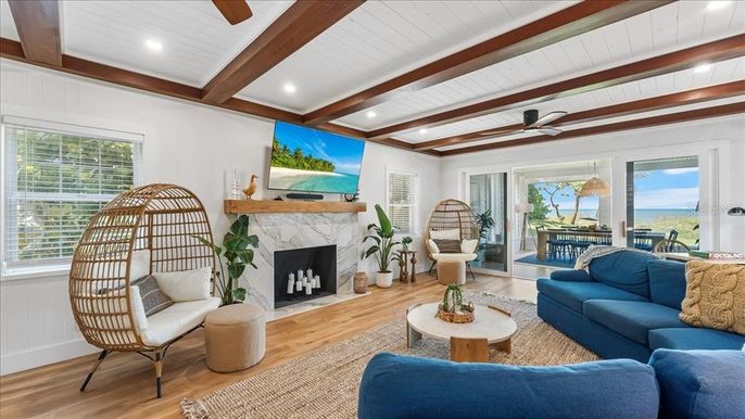 Fireplace, Interior, Living room, Recessed Lighting, Water, Wooden Beams, Wood Texture Flooring