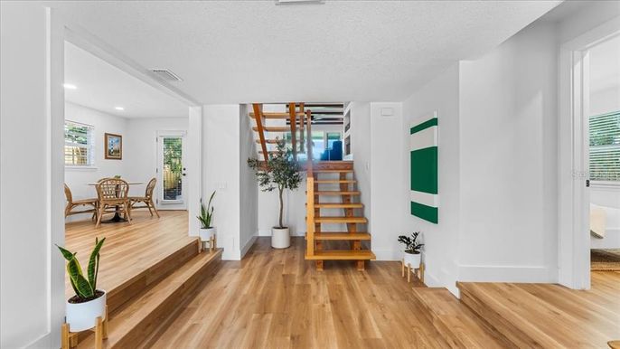 Dining room, Interior, Recessed Lighting, Wood Texture Flooring