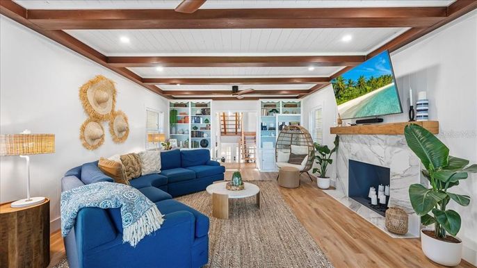 Fireplace, Interior, Living room, Recessed Lighting, Wooden Beams, Wood Texture Flooring