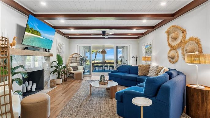 Fireplace, Interior, Living room, Recessed Lighting, Water, Wooden Beams, Wood Texture Flooring