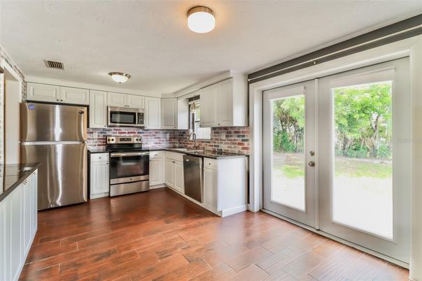 Interior, Kitchen, Stainless Steel Appliances, Wood Texture Flooring