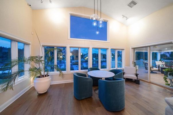Dining room, Interior, Pendant Lights, Water, Wood Texture Flooring