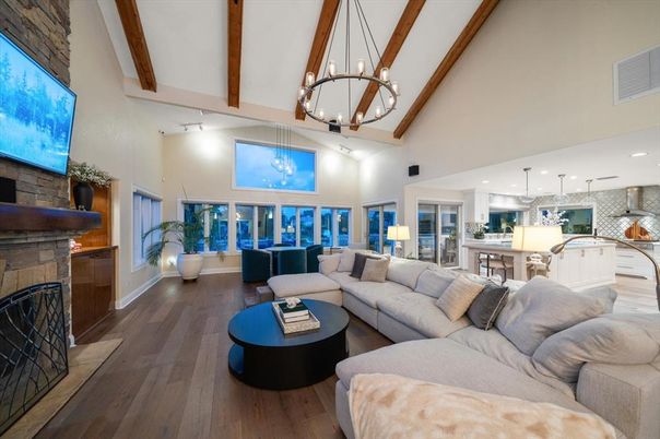 Dining room, Fireplace, Interior, Kitchen, Living room, Pendant Lights, Recessed Lighting, Wooden Beams, Wood Texture Flooring
