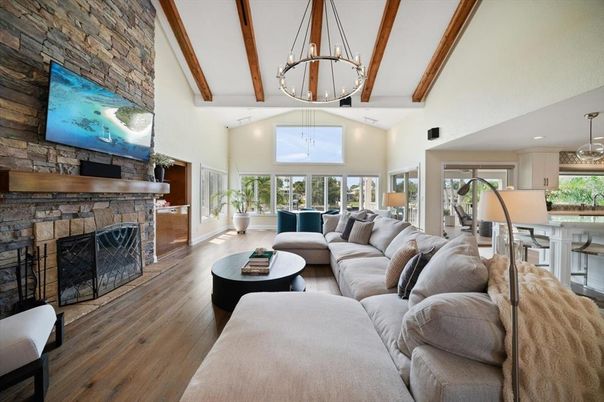 Fireplace, Interior, Living room, Pendant Lights, Recessed Lighting, Stone Walls, Wooden Beams, Wood Texture Flooring