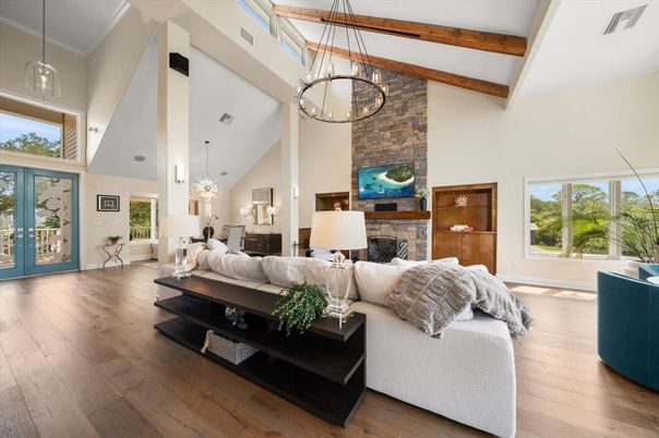 Fireplace, Interior, Living room, Pendant Lights, Stone Walls, Wooden Beams, Wood Texture Flooring