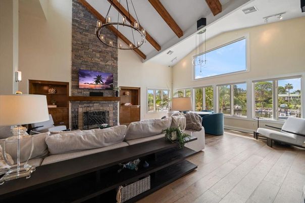 Fireplace, Interior, Living room, Pendant Lights, Stone Walls, Wooden Beams, Wood Texture Flooring