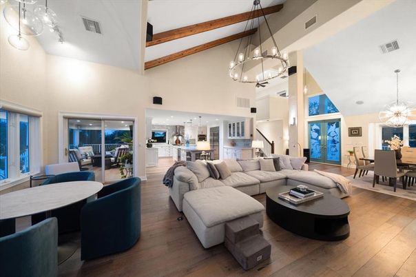 Chandelier, Dining room, Interior, Living room, Pendant Lights, Recessed Lighting, Wooden Beams, Wood Texture Flooring