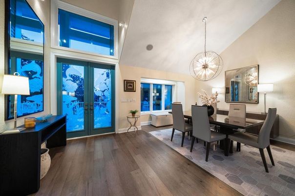 Dining room, Interior, Pendant Lights, Wood Texture Flooring