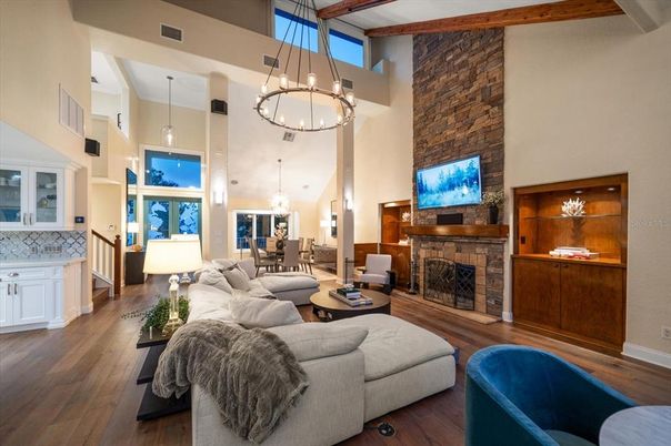 Dining room, Fireplace, Interior, Living room, Pendant Lights, Wood Texture Flooring