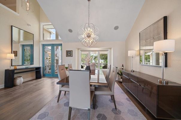 Dining room, Interior, Pendant Lights, Wood Texture Flooring