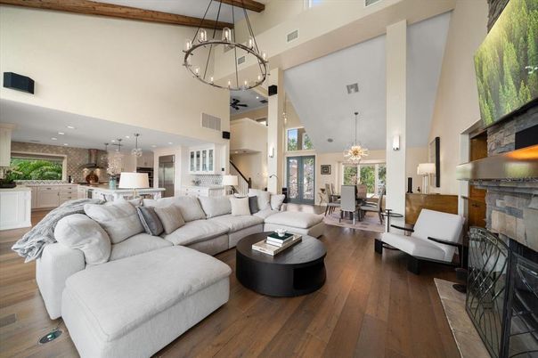 Chandelier, Dining room, Fireplace, Interior, Kitchen, Living room, Pendant Lights, Recessed Lighting, Wooden Beams, Wood Texture Flooring