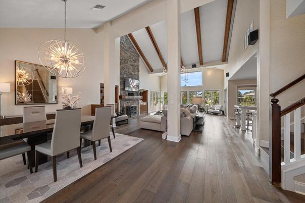 Dining room, Fireplace, Interior, Living room, Pendant Lights, Wood Texture Flooring