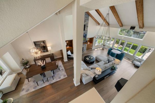Dining room, Interior, Living room, Pendant Lights, Wooden Beams, Wood Texture Flooring