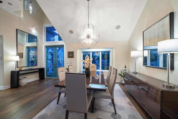 Dining room, Interior, Pendant Lights, Wood Texture Flooring