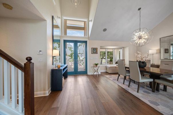 Dining room, Interior, Pendant Lights, Wood Texture Flooring