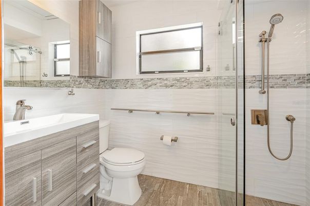 Bathroom, Glass Shower, Interior, Wood Texture Flooring