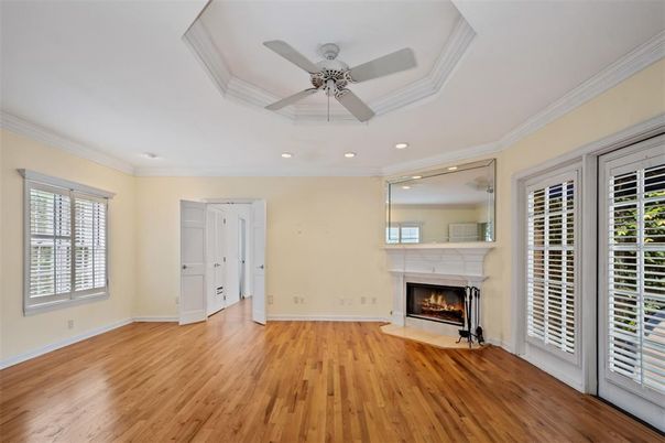 Empty room, Fireplace, Interior, Recessed Lighting, Wood Texture Flooring