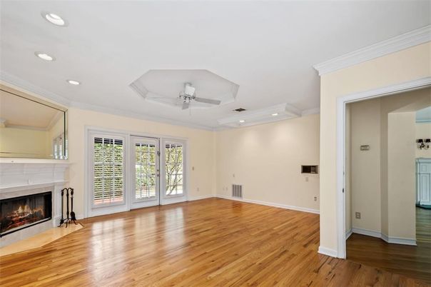 Empty room, Fireplace, Interior, Recessed Lighting, Wood Texture Flooring