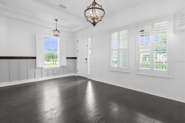 Chandelier, Empty room, Interior, Pendant Lights, Wood Texture Flooring
