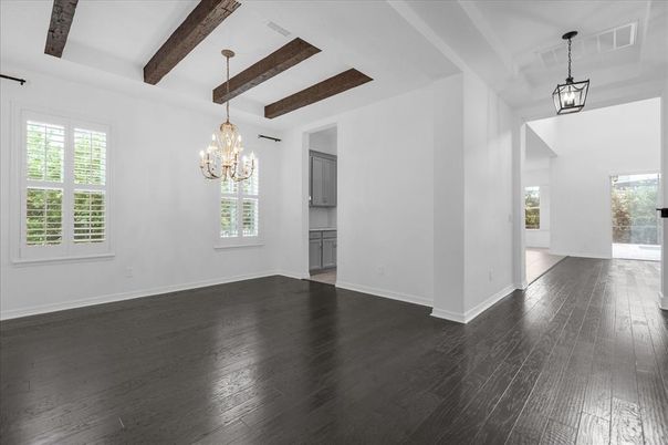Chandelier, Empty room, Interior, Pendant Lights, Wooden Beams, Wood Texture Flooring