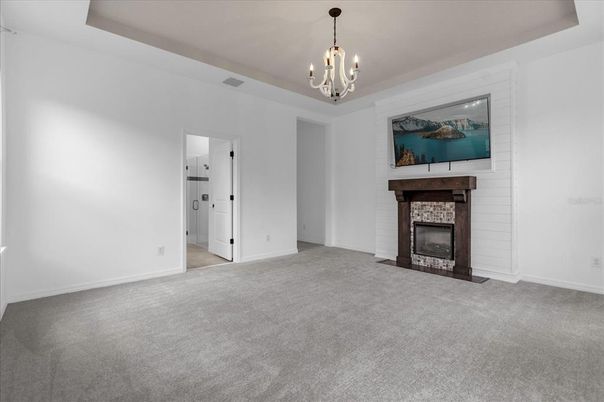 Chandelier, Empty room, Fireplace, Interior