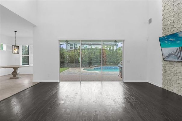 Interior, Pendant Lights, Pool, Stone Walls, Wood Texture Flooring