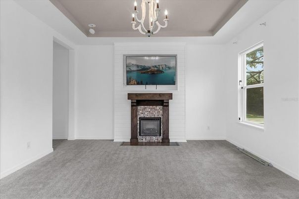 Chandelier, Empty room, Fireplace, Interior