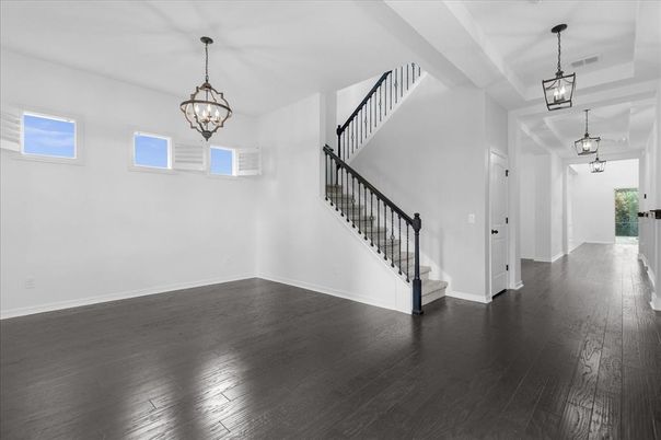 Chandelier, Empty room, Interior, Pendant Lights, Wood Texture Flooring