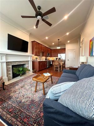 Dining room, Fireplace, Interior, Kitchen, Living room, Pendant Lights, Recessed Lighting, Wood Texture Flooring
