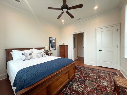 Bedroom, Interior, Recessed Lighting, Wood Texture Flooring