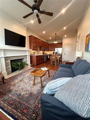 Dining room, Fireplace, Interior, Kitchen, Living room, Pendant Lights, Recessed Lighting, Wood Texture Flooring