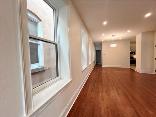 Empty room, Interior, Pendant Lights, Recessed Lighting, Wood Texture Flooring