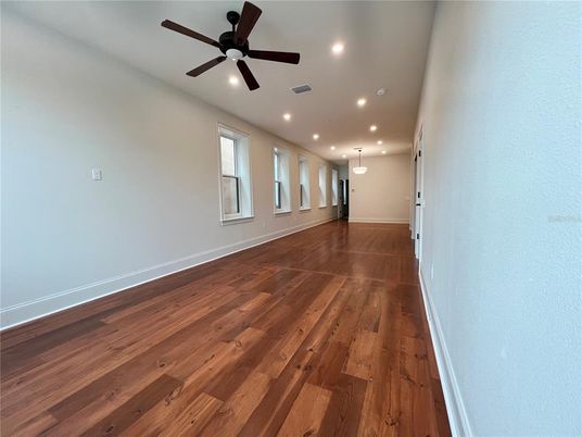 Empty room, Interior, Pendant Lights, Recessed Lighting, Wood Texture Flooring
