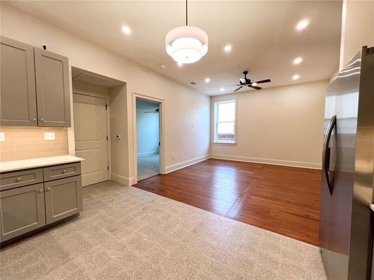 Empty room, Interior, Pendant Lights, Recessed Lighting, Wood Texture Flooring