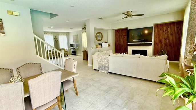 Dining room, Fireplace, Interior, Living room, Recessed Lighting