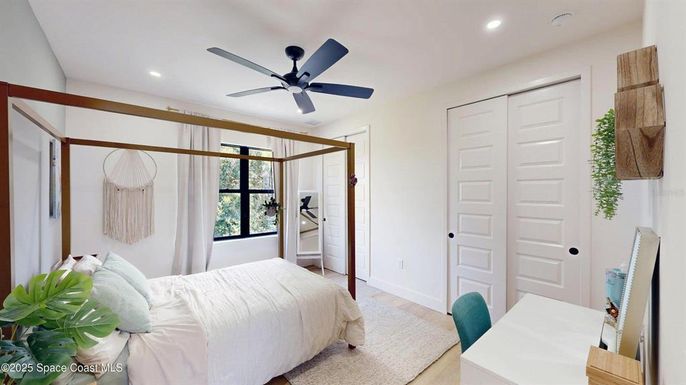 Bedroom, Interior, Recessed Lighting, Wood Texture Flooring