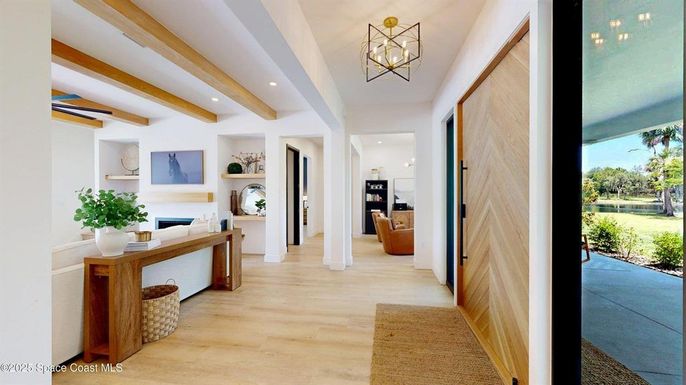 Fireplace, Interior, Pendant Lights, Recessed Lighting, Wooden Beams, Wood Texture Flooring