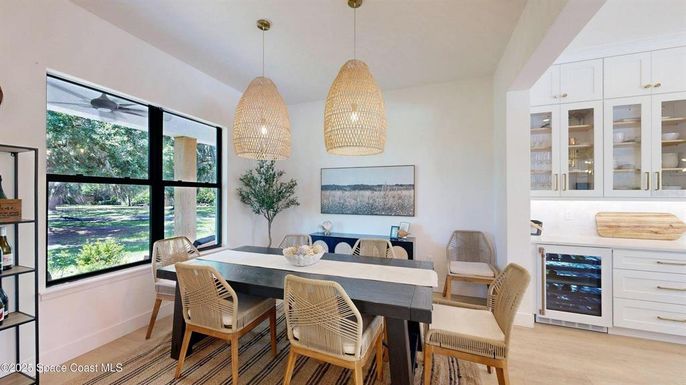 Dining room, Interior, Pendant Lights, Wood Texture Flooring