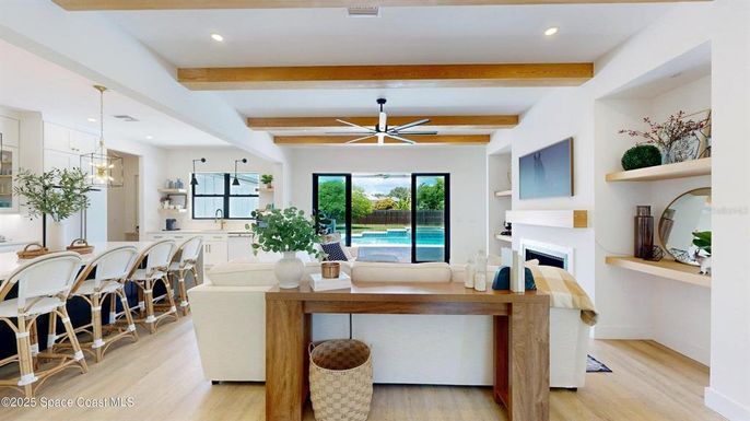 Fireplace, Interior, Kitchen, Pendant Lights, Recessed Lighting, Wooden Beams, Wood Texture Flooring