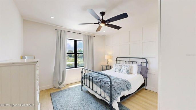 Bedroom, Interior, Recessed Lighting, Wood Texture Flooring