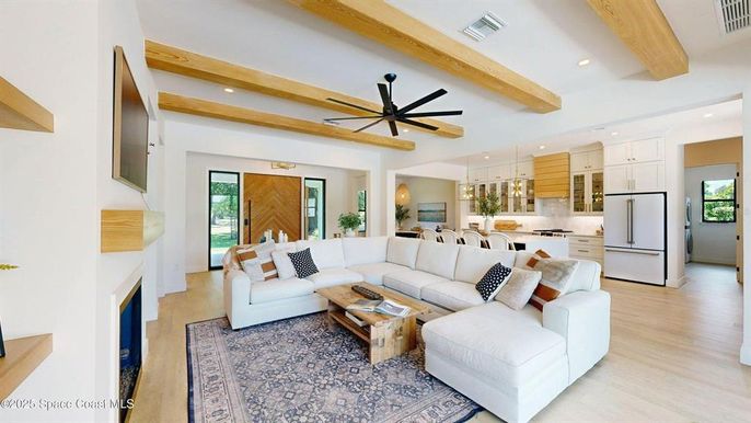 Fireplace, Interior, Kitchen, Living room, Pendant Lights, Recessed Lighting, Wooden Beams, Wood Texture Flooring