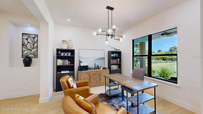 Home Office, Interior, Pendant Lights, Recessed Lighting, Wood Texture Flooring