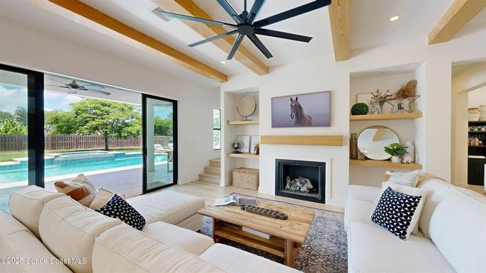 Fireplace, Interior, Living room, Recessed Lighting, Wooden Beams, Wood Texture Flooring