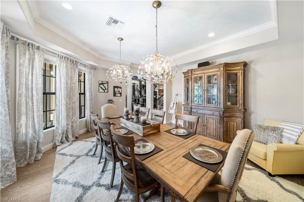 Chandelier, Dining room, Interior, Pendant Lights, Recessed Lighting, Wood Texture Flooring