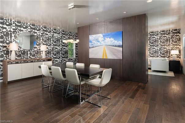 Dining room, Interior, Pendant Lights, Recessed Lighting, Wood Texture Flooring