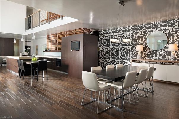 Dining room, Interior, Pendant Lights, Wood Texture Flooring