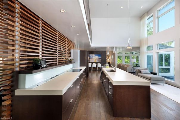 Dining room, Interior, Kitchen, Pendant Lights, Recessed Lighting, Wood Texture Flooring