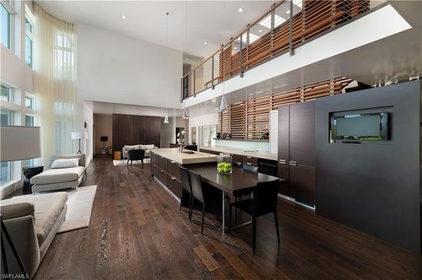 Dining room, Interior, Living room, Pendant Lights, Recessed Lighting, Wood Texture Flooring