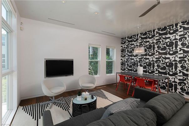 Dining room, Interior, Living room, Recessed Lighting, Wood Texture Flooring