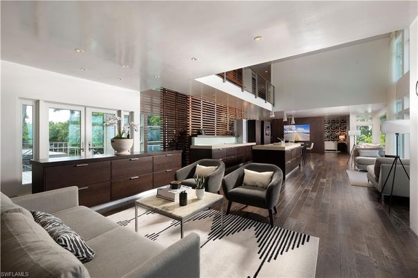 Interior, Kitchen, Living room, Pendant Lights, Recessed Lighting, Wood Texture Flooring